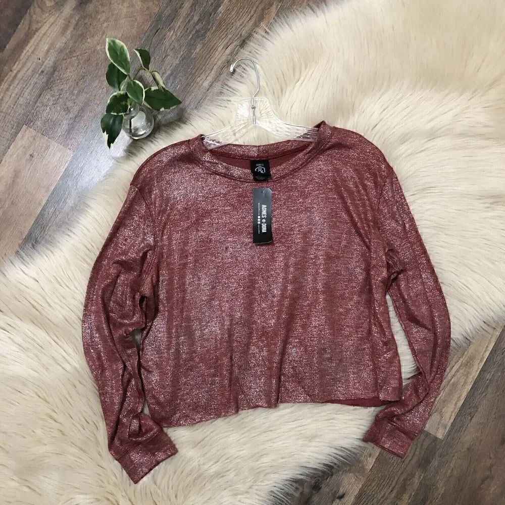 Agnes & Dora Red Shimmer Cropped Long Sleeve Pullover Top Size Large